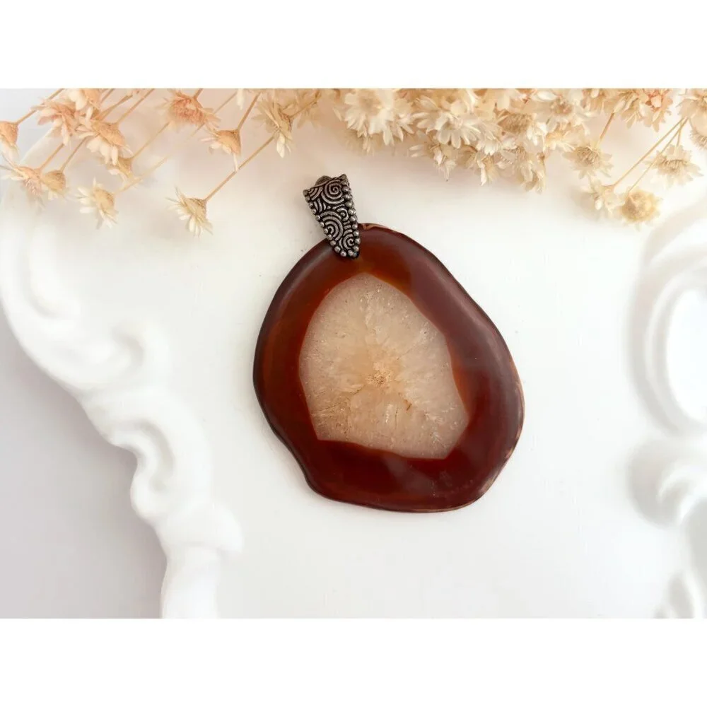 Polished Brown Crystal Free-Form Shaped Large Silver Toned Vintage Pendant